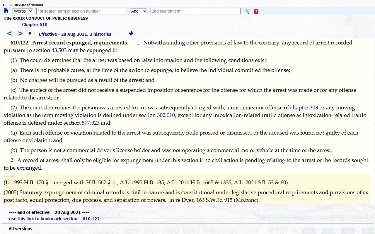 Sullivan County arrest records and Missouri arrest record expungement eligibility statute