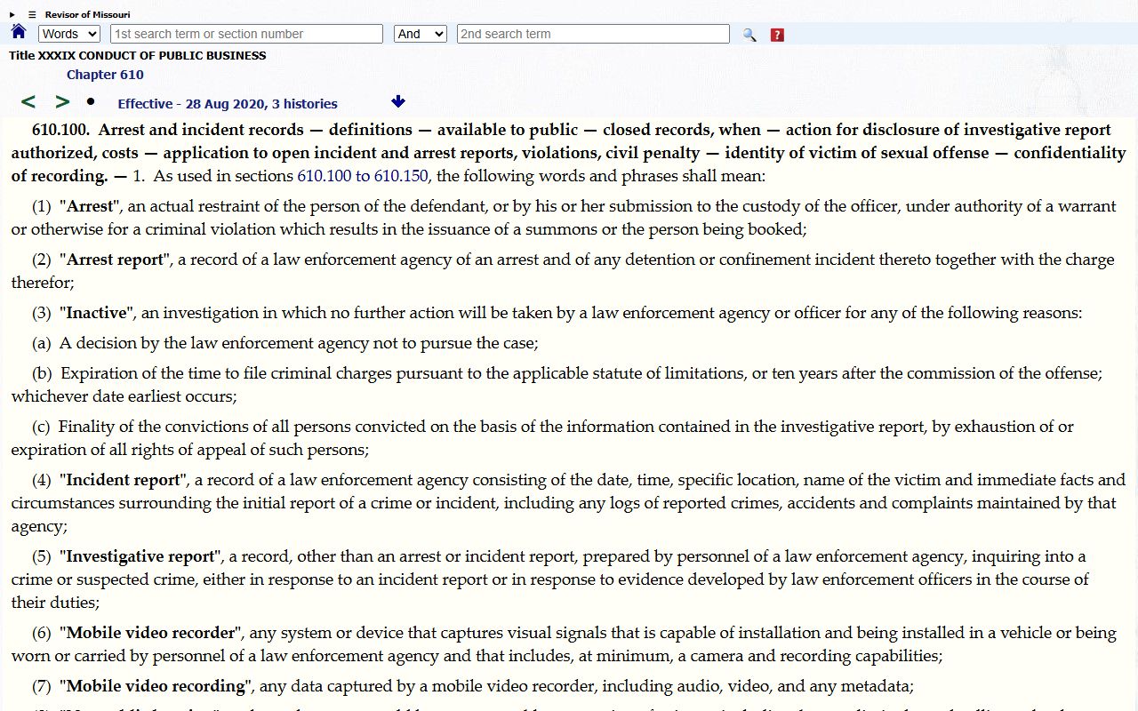 Sullivan County criminal court records and Missouri arrest incident investigative report statute