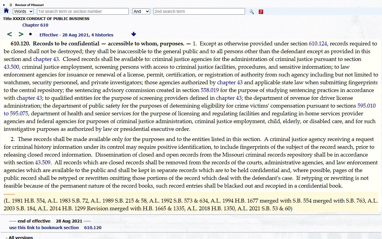 Sullivan County criminal court records and Missouri closed criminal record access statute