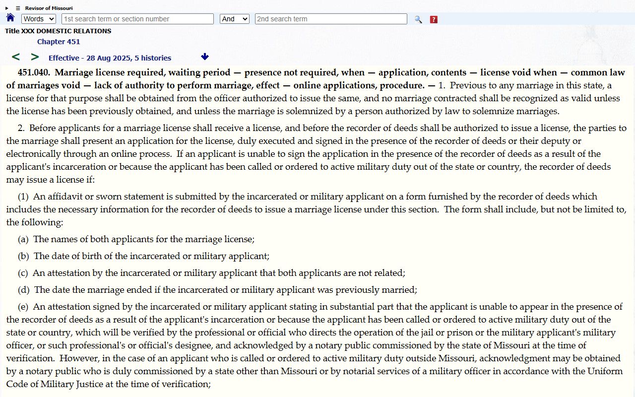 Sullivan County marriage and divorce records and Missouri marriage license statute