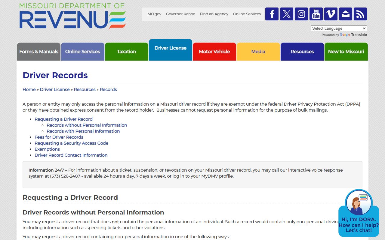 Sullivan County traffic court records and Missouri DOR driver records page